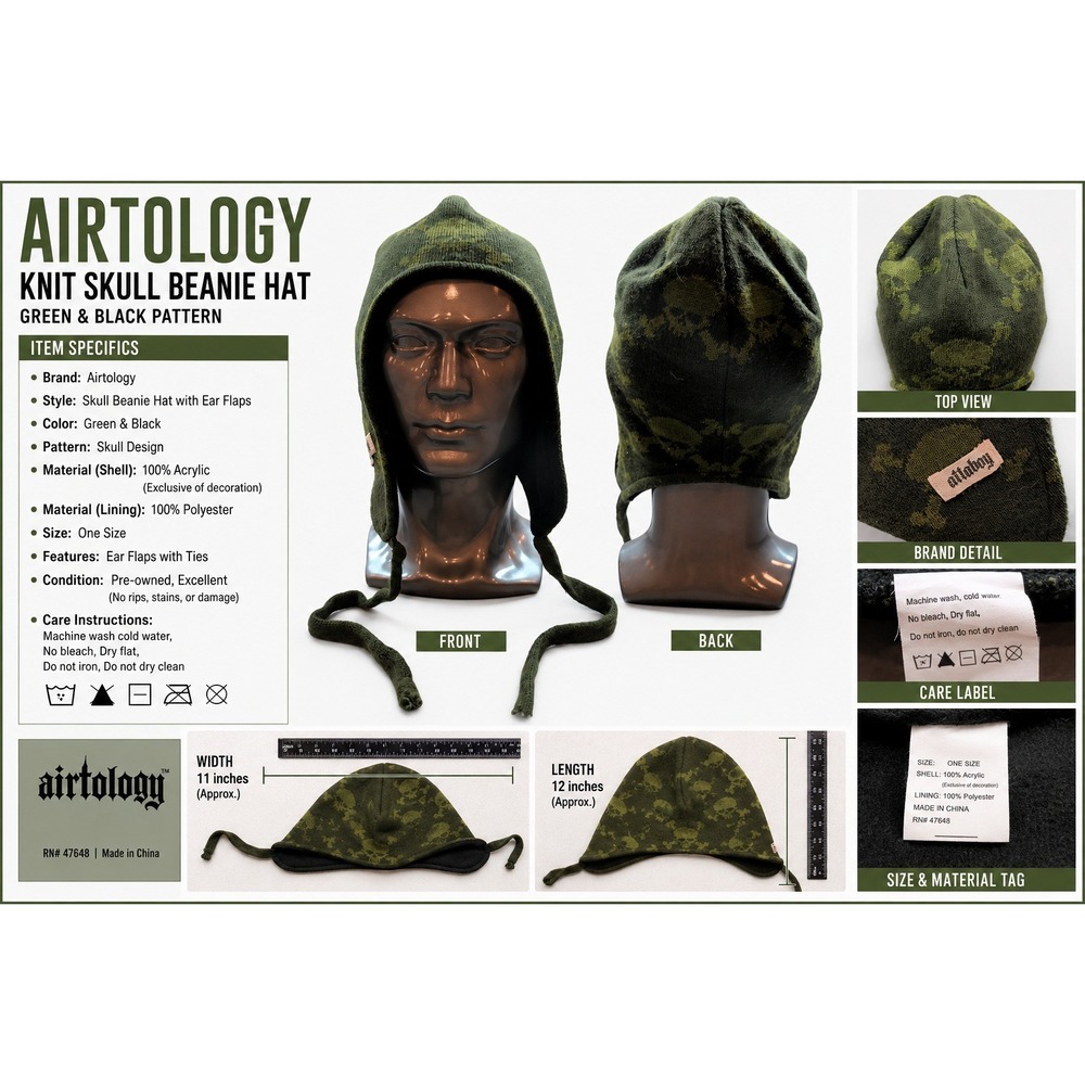 Attaboy Green Skull Crossbones Knit Trapper Hat Fleece Lined Aviator Beanie OS